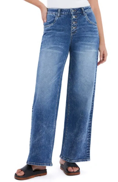 Hint Of Blu Zoe Exposed Button Wide Leg Jeans In Zoe Blue