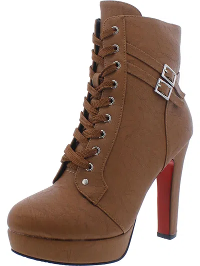 Hinyyrin Womens Faux Leather Lace-up Mid-calf Boots In Brown
