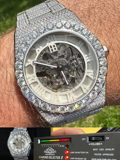 Pre-owned Hip Hop 35.5ct Moissanite Automatic Skeleton Watch Mens Real Iced  Passes Tester