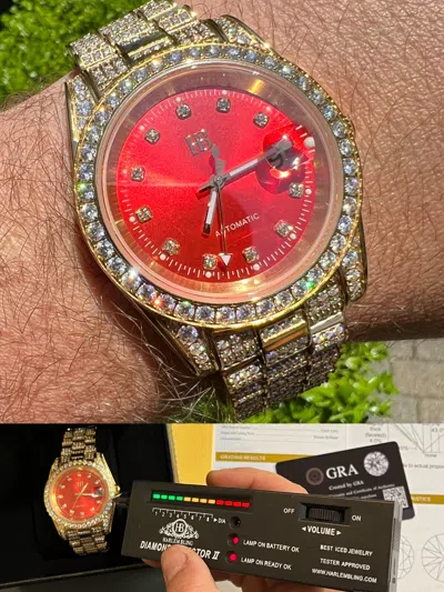Pre-owned Hip Hop Mens Moissanite Red Face Gold Plated Presidential Watch Hiphop Pass Diamond Test