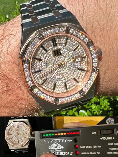 Pre-owned Hip Hop Mens Moissanite Watch Automatic Skeleton Back Rose Gold Plated Stainless Steel