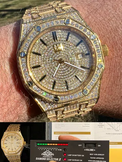 Pre-owned Hip Hop Mens Moissanite Watch Iced Automatic Skeleton Gold 44mm Hiphop Pass Diamond Test