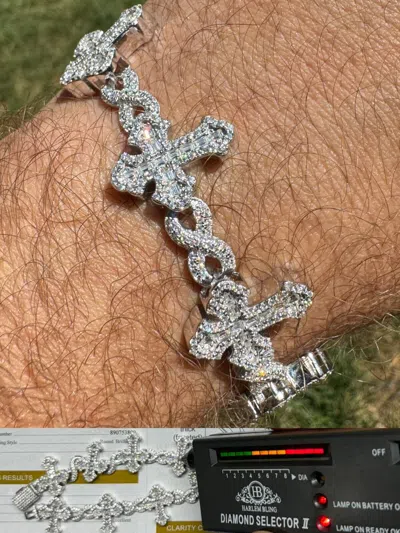 Pre-owned Hip Hop Moissanite Baguette Gothic Cross Infinity Link  Bracelet Iced 925 Silver In White/colorless