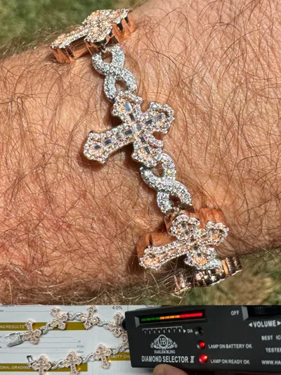 Pre-owned Hip Hop Moissanite Gothic Cross Infinity Link Bracelet Iced 925 Silver & Rose Gold In White/colorless