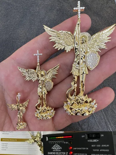 Pre-owned Hip Hop Moissanite Real Solid 10k Gold Saint Michael Slaying Dragon Pendant - 3 Sizes In White