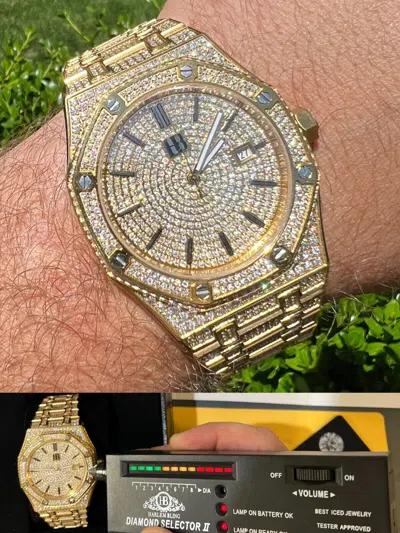 Pre-owned Hip Hop Moissanite Skeleton Watch Out Icy Gold Plated Hiphop Pass Diamond Test Bust Down