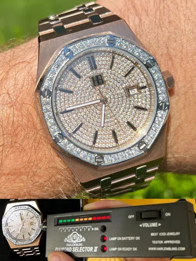 Pre-owned Hip Hop Moissanite Watch Automatic Skeleton Back Rose Gold Plated Stainless Steel 44mm