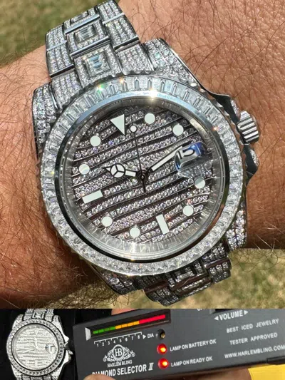 Pre-owned Hip Hop Real Baguette Moissanite Mens No Id Presidential Wave Watch Iced 44mm
