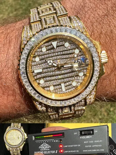 Pre-owned Hip Hop Real Baguette Moissanite Mens No Id Presidential Wave Watch Iced Gold
