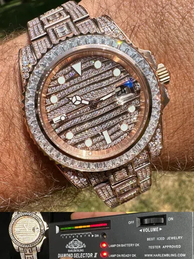 Pre-owned Hip Hop Real Baguette Moissanite Mens No Id Presidential Wave Watch Iced Rose Gold