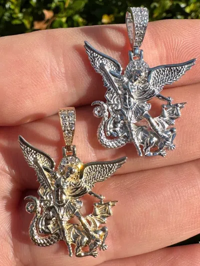 Pre-owned Hip Hop Real Diamond Saint Michael Archangel Pendant Solid 14k Gold Necklace Pendant In White