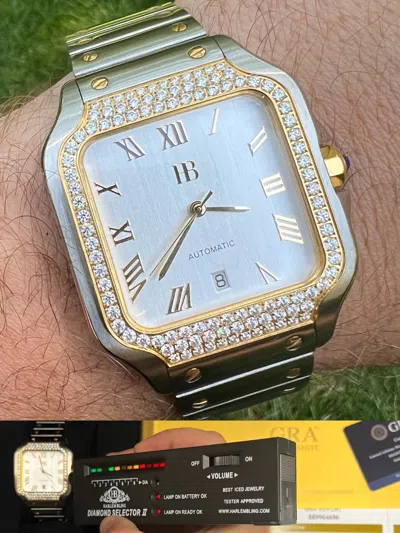 Pre-owned Hip Hop Real Mens 2.5ct Moissanite Watch Two Tone Gold Iced Automatic White Pearl Face