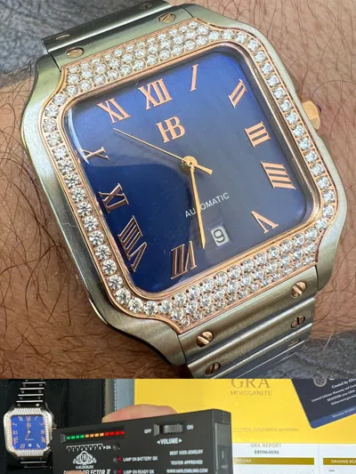 Pre-owned Hip Hop Real Mens 2.5ct Moissanite Watch Two Tone Rose Gold Plated Automatic Blue Face
