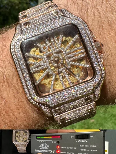 Pre-owned Hip Hop Real Mens Moissanite 14k Rose Gold Watch Iced Automatic Movement Hiphop Skeleton