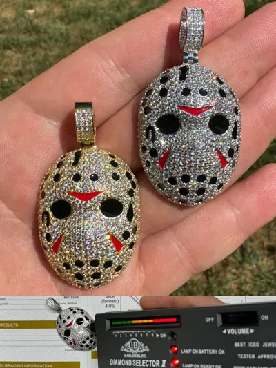Pre-owned Hip Hop Real Moissanite Friday The 13th Jason Iced Pendant Necklace 925 Silver / Gold In White