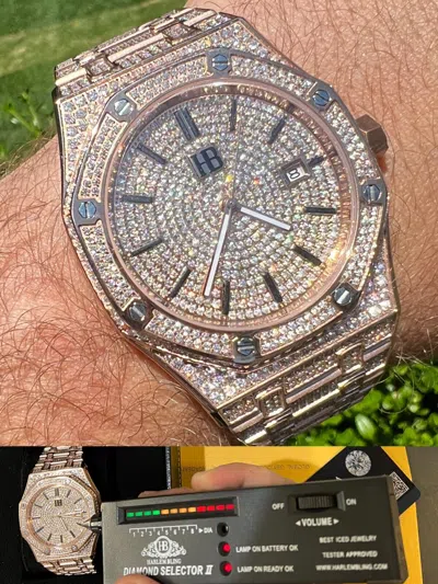 Pre-owned Hip Hop Real Moissanite Mens Skeleton Watch Iced Rose Gold Plated Pass Diamond Test