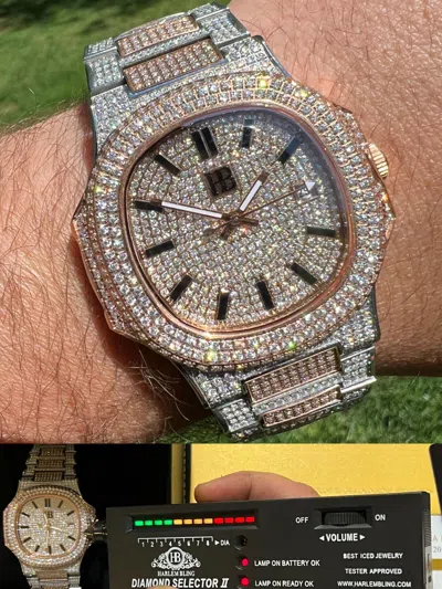 Pre-owned Hip Hop Real Moissanite Mens Watch Fully Iced Rose Stainless  Passes Diamond Test In Rose Gold