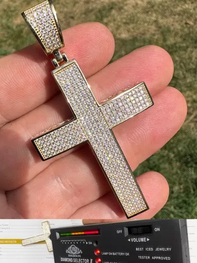 Pre-owned Hip Hop Solid 10k Yellow Gold 3ct Vvs Moissanite Cross Pendant Necklace 19g Mens Large In White