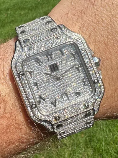 Pre-owned Hip Hop Stainless Steel Mens Watch Iced Simulated Diamond  Bust Down Arabic Dial