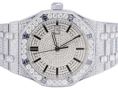 Pre-owned Hip Hop White Stainless Steel 41mm Ap Style Automatic Full Simulated Diamond Watch