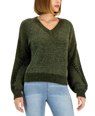Hippie Rose Chenille Sweater Women Green Cable Knit Balloon Sleeve Pall237