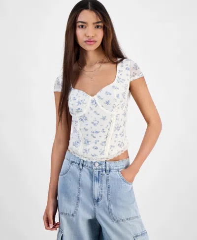 Hippie Rose Corset Top Women Juniors White Floral Print Short Sleeve Pal64
