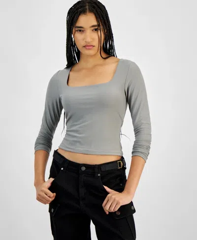 Hippie Rose Crop Top Women's Gray Soft Stretch Long Sleeve Square Neck Pall484 In Grey