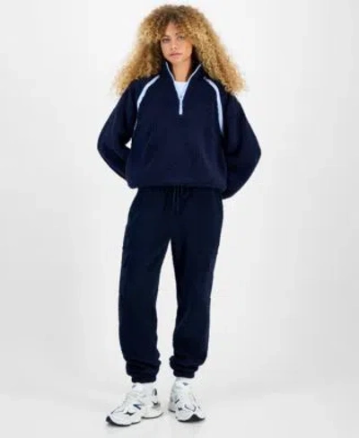 Hippie Rose Hiippie Rose Juniors Half Zip Sherpa Fleece Top Sherpa Fleece Cargo Pants In Blue