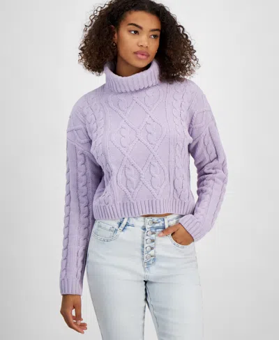 Hippie Rose Hippe Rose Juniors' Cropped Cable-knit Turtleneck Sweater In Lavender Haze