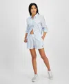 Hippie Rose Juniors Button Front Long Sleeve Striped Shirt Cherry Striped Boxer Shorts In Blue Stripe