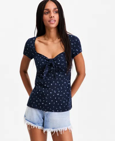 Hippie Rose Juniors' Bunny-tie Short-sleeve Sweetheart Top In Blue