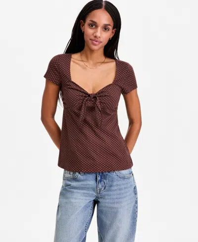 Hippie Rose Juniors' Bunny-tie Short-sleeve Sweetheart Top In Brown