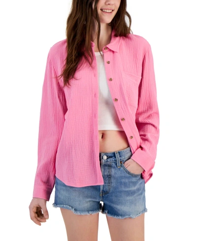 Hippie Rose Juniors' Button-front Gauze Shirt In Agave Pink
