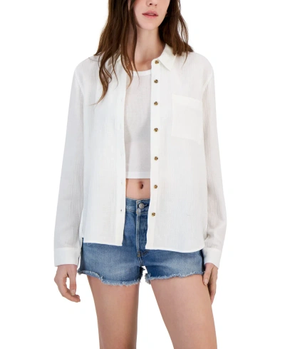 Hippie Rose Juniors' Button-front Gauze Shirt In Ivory