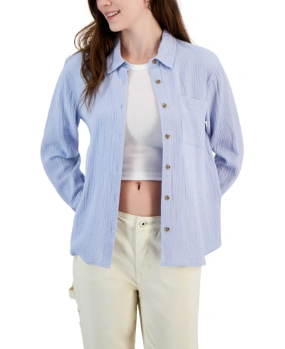 Hippie Rose Juniors' Button-front Gauze Shirt In Skylight Blue