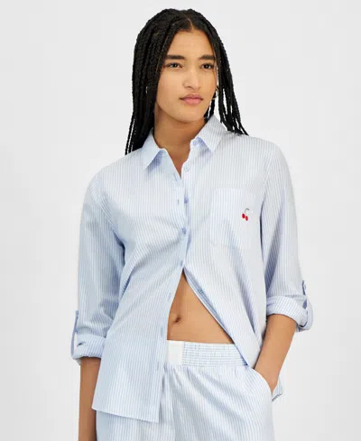 Hippie Rose Juniors' Button-front Long Sleeve Striped Shirt In Blue Stripe Cherry