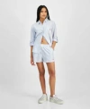 Hippie Rose Juniors Button Front Long Sleeve Striped Shirt Cherry Striped Boxer Shorts In Blue Stripe Cherry