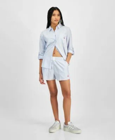 Hippie Rose Juniors Button Front Long Sleeve Striped Shirt Cherry Striped Boxer Shorts In Blue Stripe