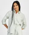 Hippie Rose Juniors' Button-front Long Sleeve Striped Shirt In Green Stripe
