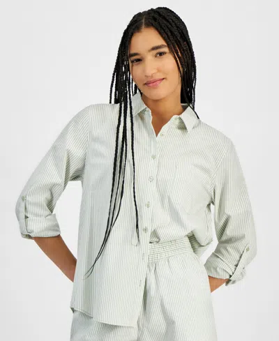 Hippie Rose Juniors' Button-front Long Sleeve Striped Shirt In Green Stripe
