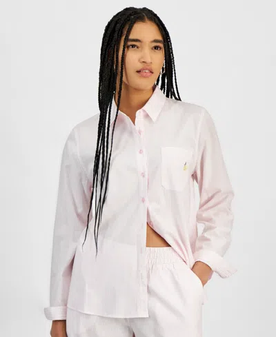 Hippie Rose Juniors' Button-front Long Sleeve Striped Shirt In Pink Stripe Lemon