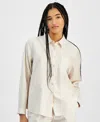Hippie Rose Juniors' Button-front Long Sleeve Striped Shirt In Sand Stripe