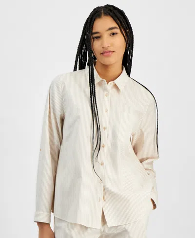 Hippie Rose Juniors' Button-front Long Sleeve Striped Shirt In Sand Stripe
