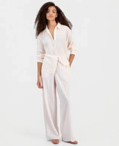 Hippie Rose Juniors Button Up Shirt Wide Leg Drawstring Pants In White,bellini Stripe