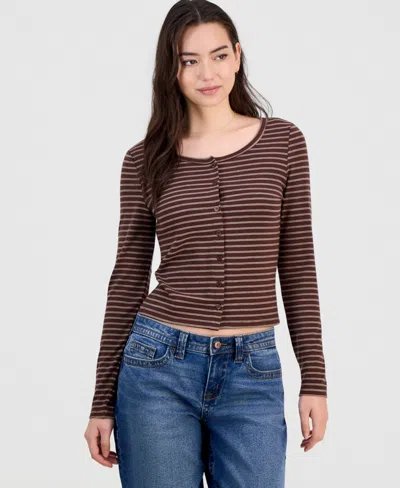Hippie Rose Juniors' Button-front Long-sleeve Top In Brown