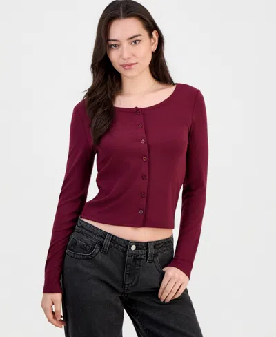 Hippie Rose Juniors' Button-front Long-sleeve Top In Burgundy