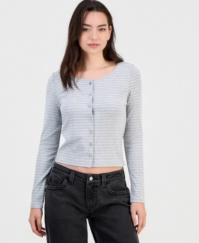 Hippie Rose Juniors' Button-front Long-sleeve Top In Gray