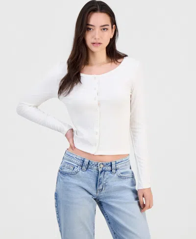 Hippie Rose Juniors' Button-front Long-sleeve Top In White