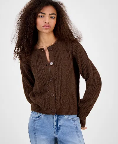 Hippie Rose Juniors' Cable-knit Button-front Lady Cardigan In Brown