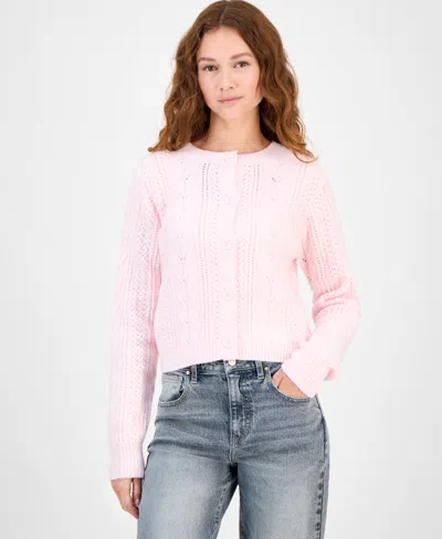 Hippie Rose Juniors' Cable-knit Button-front Lady Cardigan In Pink